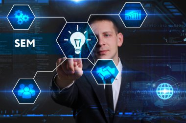 Ekonomi, teknoloji, Internet ve ağ kavramı. Genç busine