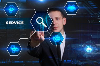 Ekonomi, teknoloji, Internet ve ağ kavramı. Genç busine