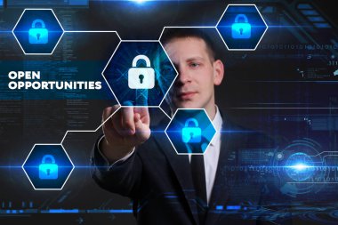 Ekonomi, teknoloji, Internet ve ağ kavramı. Genç busine