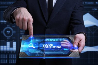 Ekonomi, teknoloji, Internet ve ağ kavramı. Genç busine