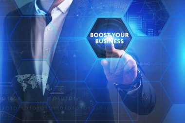 Ekonomi, teknoloji, Internet ve ağ kavramı. Genç busine