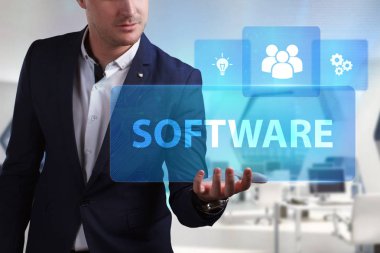 Ekonomi, teknoloji, Internet ve ağ kavramı. Genç busine