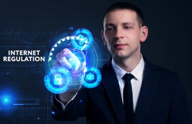 Ekonomi, teknoloji, Internet ve ağ kavramı. Genç busine
