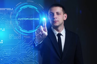 Ekonomi, teknoloji, Internet ve ağ kavramı. Genç busine