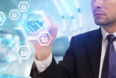 Ekonomi, teknoloji, Internet ve ağ kavramı. Genç busine