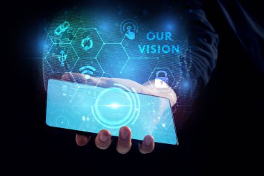 Ekonomi, teknoloji, Internet ve ağ kavramı. Genç busine