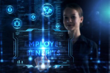 İş, Teknoloji, İnternet ve ağ konsepti. Genç işadamı geleceğin sanal ekranı üzerinde çalışıyor ve yazıyı görüyor.: 