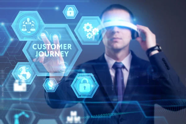 İş, Teknoloji, İnternet ve ağ konsepti. Genç işadamı geleceğin sanal ekranı üzerinde çalışıyor ve yazıyı görüyor.: 