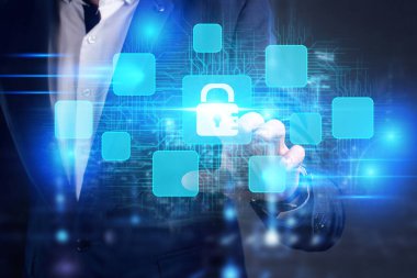 İş, Teknoloji, İnternet ve ağ konsepti. Genç işadamı geleceğin sanal ekranı üzerinde çalışıyor ve yazıyı görüyor.: 