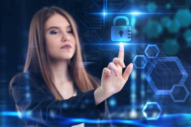 İş, Teknoloji, İnternet ve ağ konsepti. Genç işadamı geleceğin sanal ekranı üzerinde çalışıyor ve yazıyı görüyor.: 