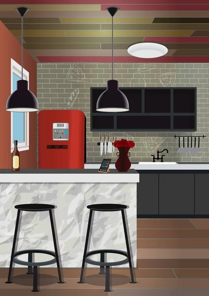 Fondo interior de la cocina con muebles. Diseño de cocina moderna . — Vector de stock