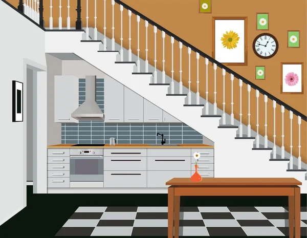 Interior de la cocina bajo las escaleras con muebles. Diseño de cocina moderna. Símbolo de muebles, ilustración de cocina . — Vector de stock