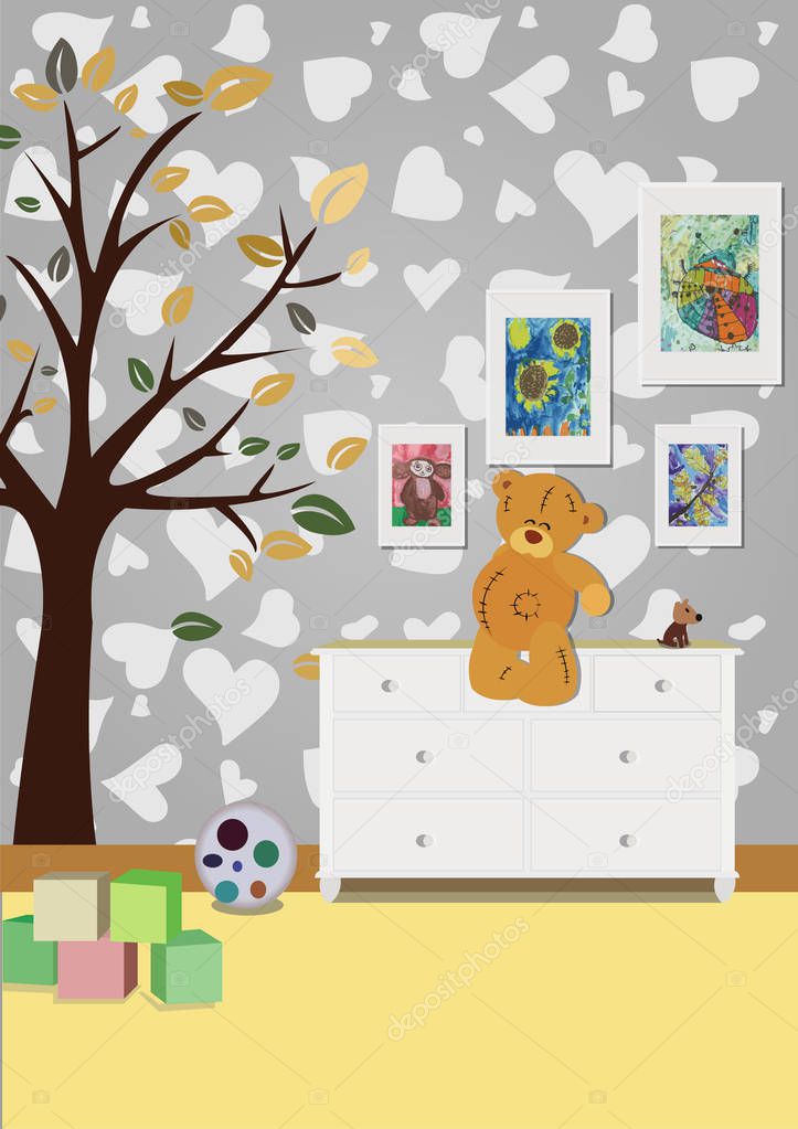 The interior of the childrens room with furniture, toys, childrens drawings. Illustration of a childrens room.