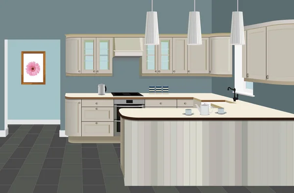 Latar belakang interior dapur dengan furnitur. Desain dapur modern. Furnitur simbol, ilustrasi dapur - Stok Vektor