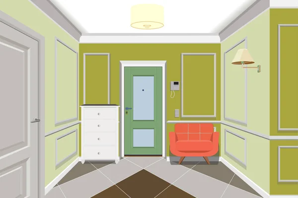Moderner grüner Flur mit Tür. Kommode und Sofa in Wandnähe. 3D-Darstellung. Flur-Illustration. — Stockvektor