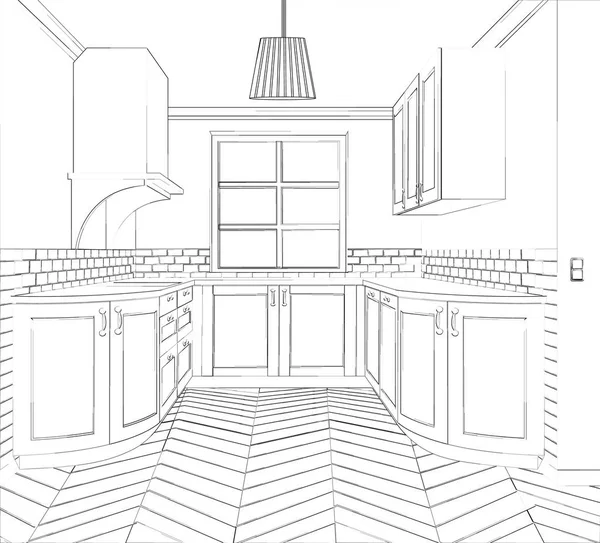 Ескізна кухня. Планувати кухню. Ілюстрація сучасної кухні ескіз . — стоковий вектор