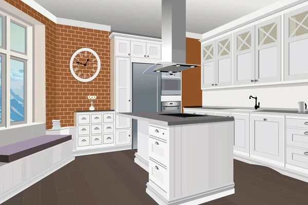 Fondo interior de la cocina con muebles. Diseño de cocina moderna. Muebles simbólicos. Ilustración cocina — Vector de stock