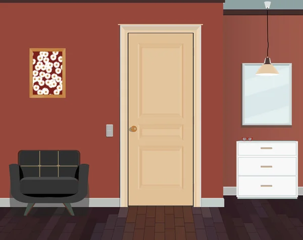 Ilustração de um quarto com portas, uma cadeira, commode. Interior do quarto com mobiliário . —  Vetores de Stock