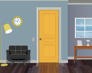 Bir oda sarı kapı, bir sandalye, kitap, zemin lamba ve saat gösterimi. İç mobilya ile Oda.