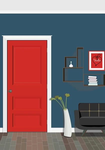 Illustration eines Zimmers mit roten Türen, einem Stuhl, Bild und Blumen. Innenraum des Zimmers mit Möbeln. Design rote Türen. — Stockvektor