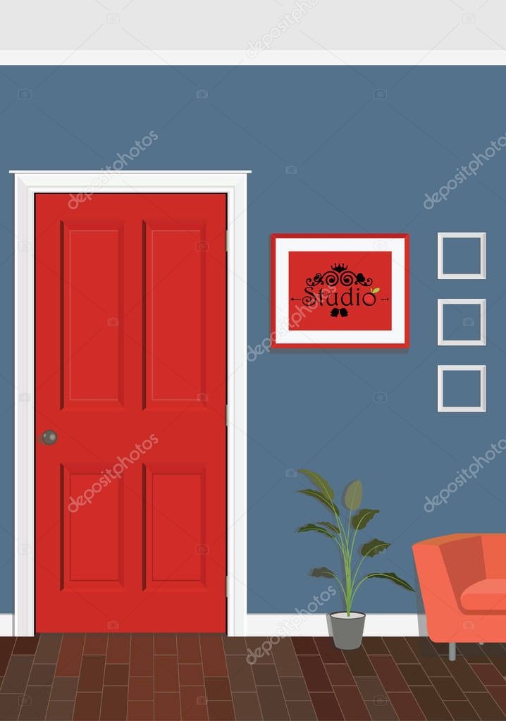 Illustration of a room with red doors, a chair, picture and flowers. Interior of the room with furniture. Design red doors.