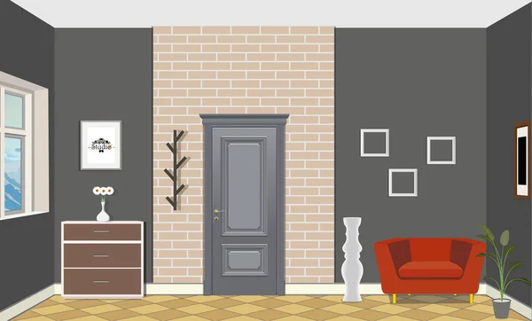 Illustrazione di una stanza con porte, una sedia rossa, vaso, immagine e comò. Interno della camera con mobili . — Vettoriale Stock