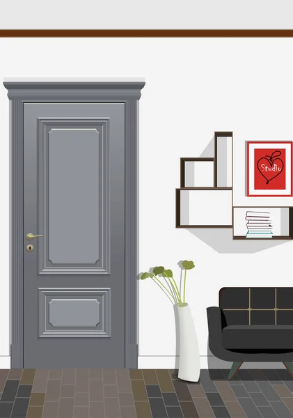 部屋のドア、椅子、写真、花のイラスト。家具付きの部屋のインテリア. — ストックベクタ