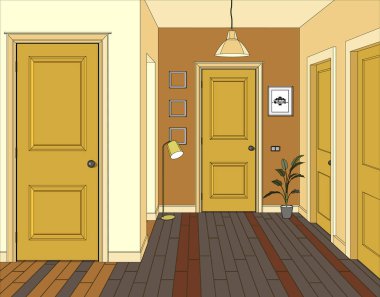 Bir oda sarı kapı ile Illustration. İç mobilya ile odası. Resimde koridor.
