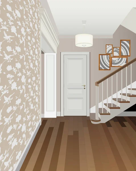Винтажный интерьер коридора с лестницей. Дизайн современного коридора. Мебель для символа, иллюстрация коридора — стоковый вектор