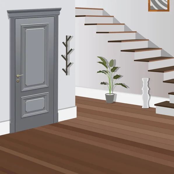 Intérieur vintage du couloir avec un escalier. Conception de couloir moderne. Symbole mobilier, illustration couloir — Image vectorielle