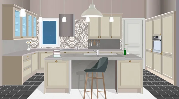 Keuken interieur achtergrond met meubilair. Ontwerp van moderne keuken. Symbool meubilair. Illustratie van de keuken — Stockvector