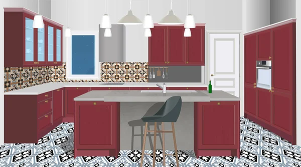Burgundy kitchen interior background with furniture. Design of modern kitchen. Symbol furniture. Kitchen illustration — Stock Vector
