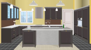 Bown mutfak iç arka plan mobilya ile. Modern mutfak tasarımı. Sembol mobilya. Mutfak çizim