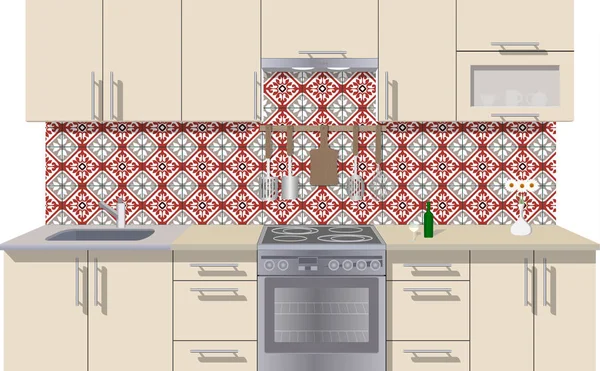 Latar belakang interior dapur dengan furnitur. Desain dapur modern. Perabotan simbol. Ilustrasi dapur - Stok Vektor