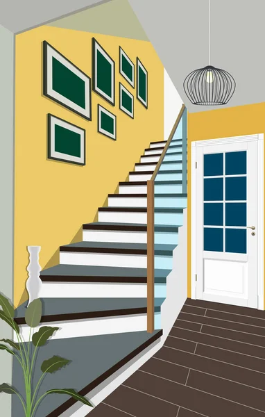 Intérieur vintage du couloir avec un escalier. Conception de couloir moderne. Symbole mobilier, illustration couloir — Image vectorielle