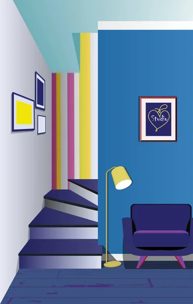 Arte interior do corredor com uma escadaria. Design de quarto moderno. Móveis simbólicos, ilustração corredor —  Vetores de Stock