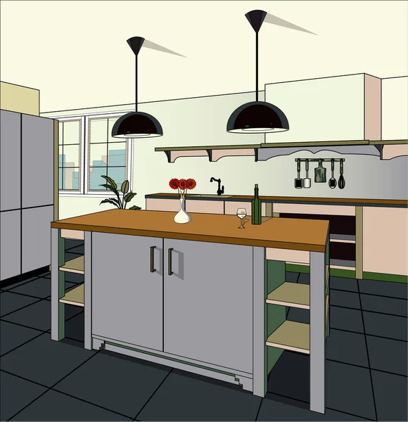 キッチンの家具とインテリアの背景。近代的なキッチンのデザイン。家具のシンボルです。キッチンのイラスト — ストックベクタ