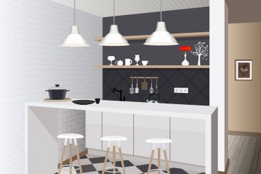 Mutfak iç arka plan mobilya ile. Modern mutfak tasarımı. Sembol mobilya. Mutfak çizim