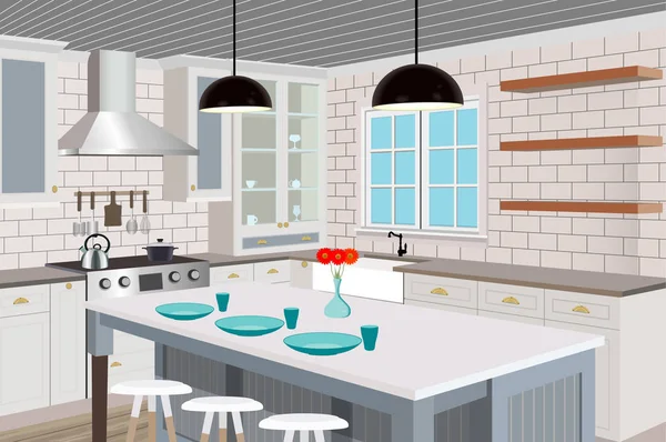 Latar belakang interior dapur dengan furnitur. Desain dapur modern. Perabotan simbol. Ilustrasi dapur - Stok Vektor