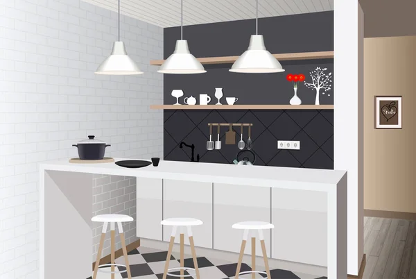 Küche Interieur Hintergrund mit Möbeln. Design der modernen Küche. Symbolmöbel. Küchenillustration — Stockvektor