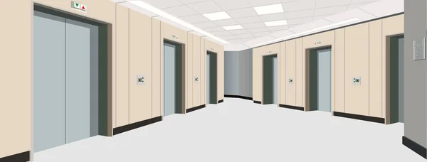 Portas de elevador no chão. Interior do longo corredor. Ilustração de um interior de um soalho de uma casa de apartamento . —  Vetores de Stock
