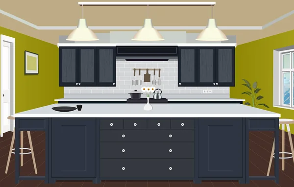 Latar belakang interior dapur dengan furnitur. Desain dapur modern. Perabotan simbol. Ilustrasi dapur - Stok Vektor