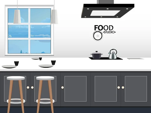 家庭内部的现代厨房设计。厨房岛在房间里。项目管理. — 图库矢量图片