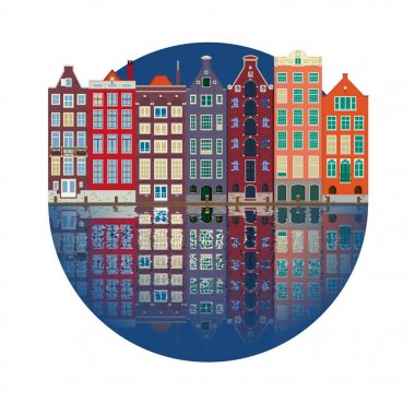 renkli vektör çizim, Amsterdam kanal ve tipik Hollanda şehir görünümünü de su yansıması ile ev sahipliği yapmaktadır. Hollanda, Hollanda.