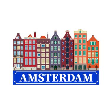 Renkli vektör çizim, Amsterdam kanal ve tipik Hollanda evleri şehir görünümünü. Hollanda, Hollanda.
