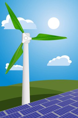 Çevre dostu ve temiz enerji üretmek için rüzgar türbini yeşil yaprakları ve güneş panelleri ile vektör çizim