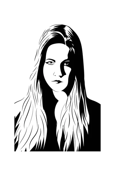 Vektör gölge siyah beyaz uzun saçlı genç bir kadın portresi