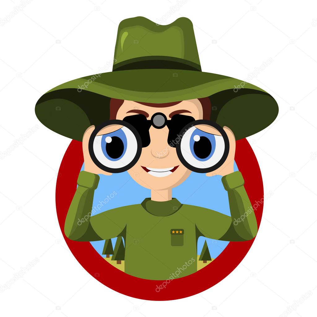 Park ranger looking through binocular and keep an eye on everything on guard. Vector illustration