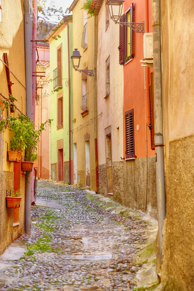Colorful street decorated with pots and plants in Bosa old town, Sardinia, Italy