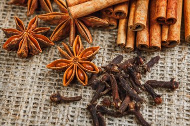 Baharat ve otlar. Yemek ve mutfak malzemeleri. Tarçın,